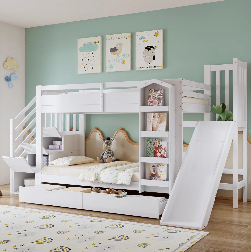 Letto a castello per bambini con scivolo, due cassetti su rotelle e scaletta con armadietto, bianco 90x200 cm