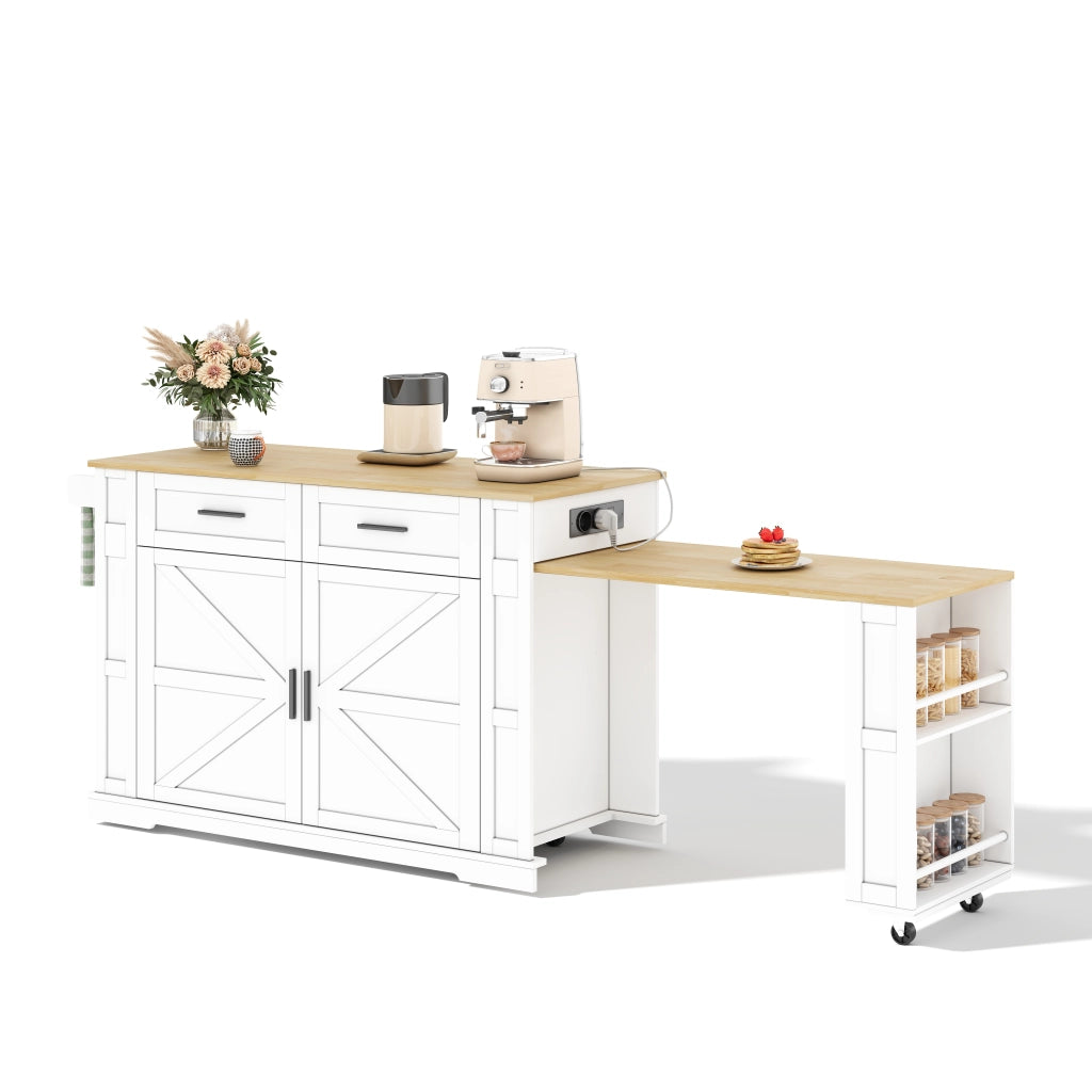 Carrello da cucina con piano estraibile, prese e USB, 2 cassetti, doppia anta e ripiano regolabile, bianco e rovere