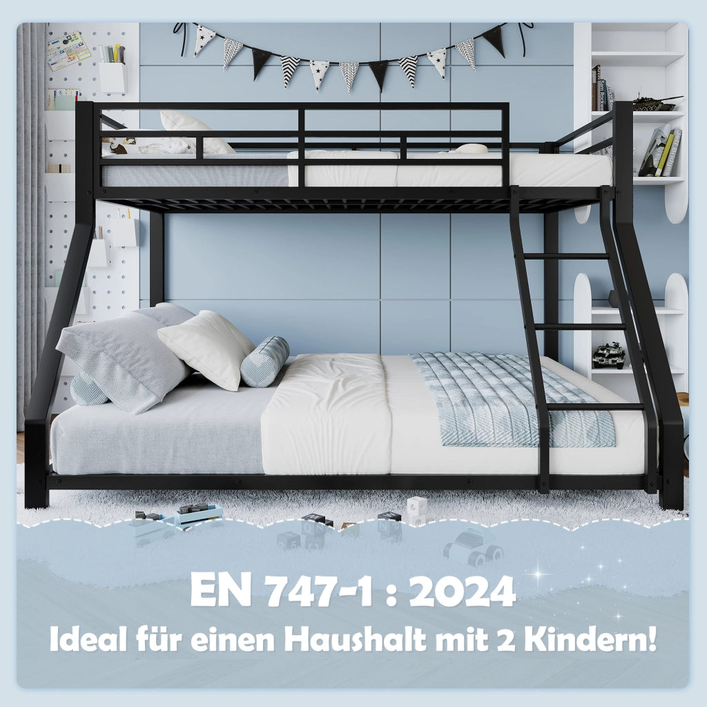 Letto a castello due livelli 90 × 200 cm e 140 × 200 cm con scala e barriera in metallo nero senza materasso