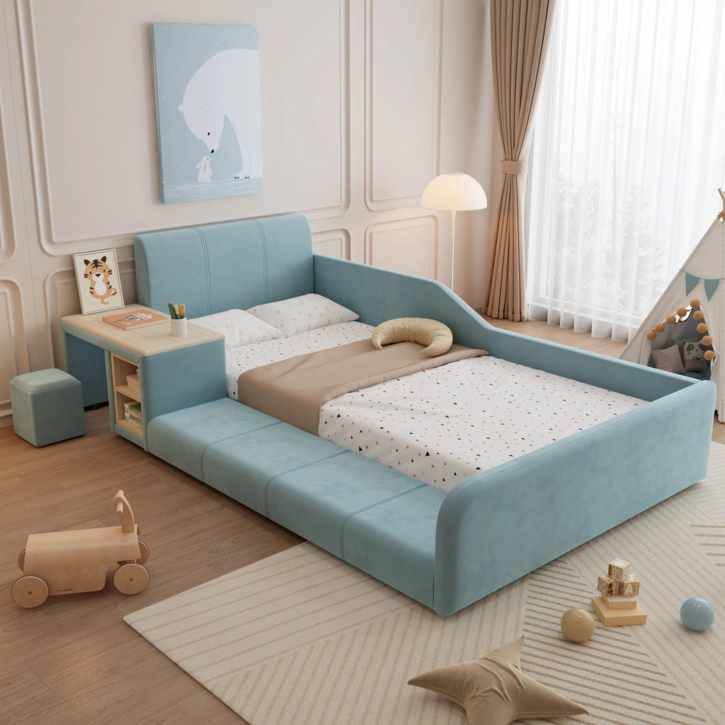 Letto Singolo con Scrivania e Pouf in Velluto Blu 90x200 cm