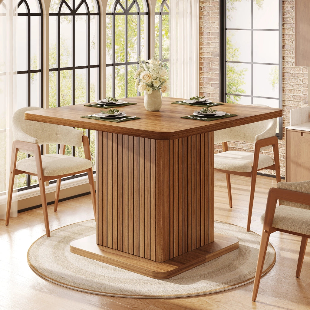 Tavolo da Pranzo Quadrato 80x80 cm 4 Posti con Contenitore LEMONMAX; 2 Ripiani; Ante Scanalate; MDF Effetto Legno Marrone Scuro; H 76 cm