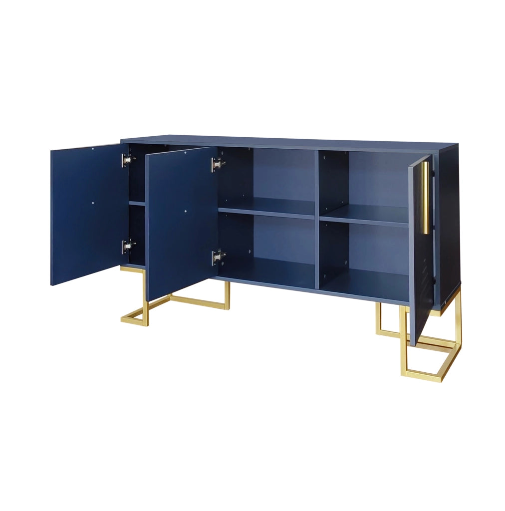 Credenza moderna 3 ante blu navy con ripiani regolabili; maniglie dorate e base in metallo