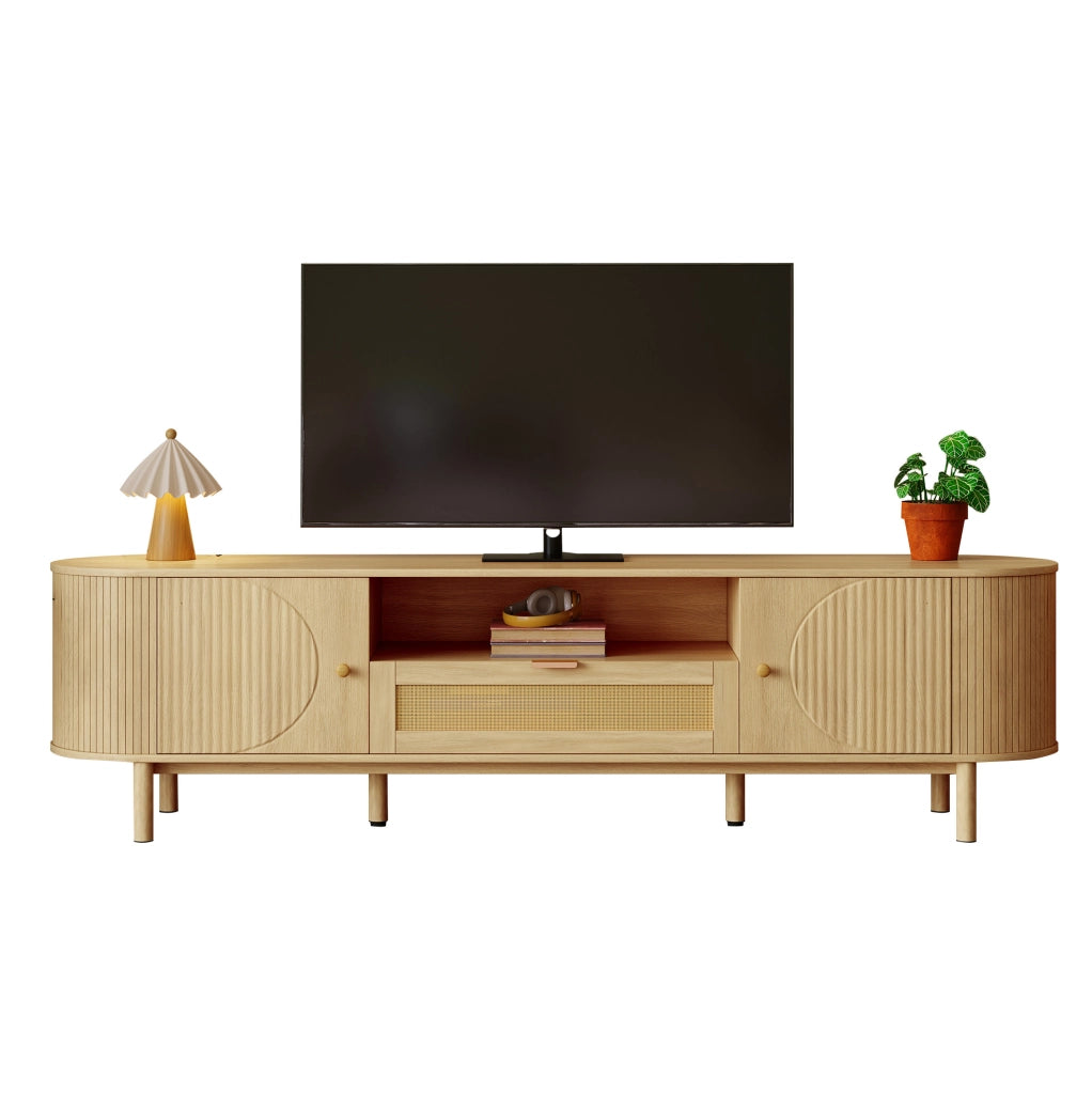 Mobile TV 175x36x51 cm con cassetto in rattan; 2 ante; passacavi; MDF e gambe in metallo; naturale