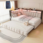 Letto divano con letto estraibile 90x200 cm con LED; vani; USB e Type-C; in velluto; beige