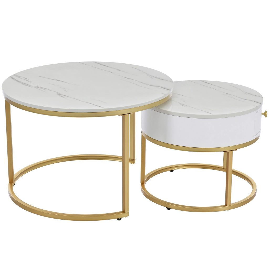 Tavolini bassi a incastro rotondi set di 2 in MDF bianco lucido effetto marmo con struttura in metallo dorata