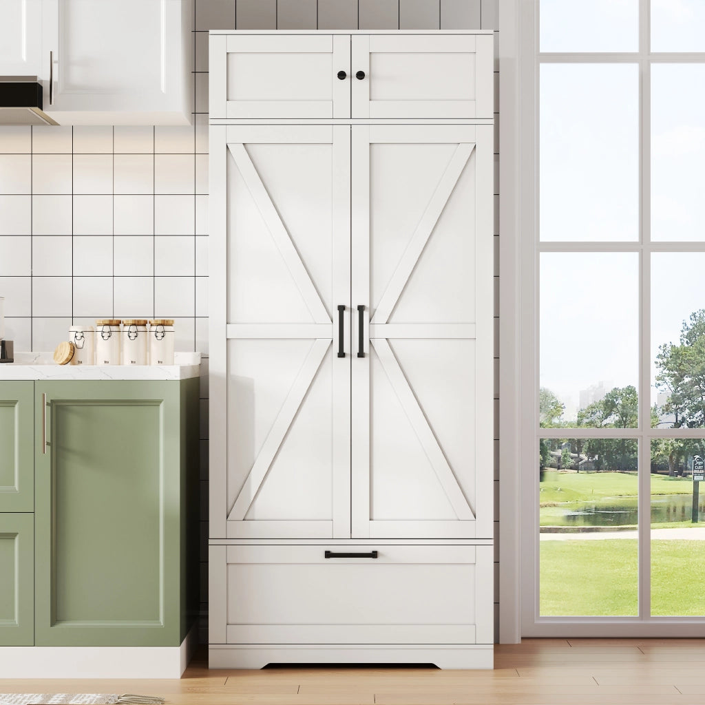 Credenza cucina freestanding 80x40x180 cm con cassetto, ripiani regolabili e portabottiglie, bianca
