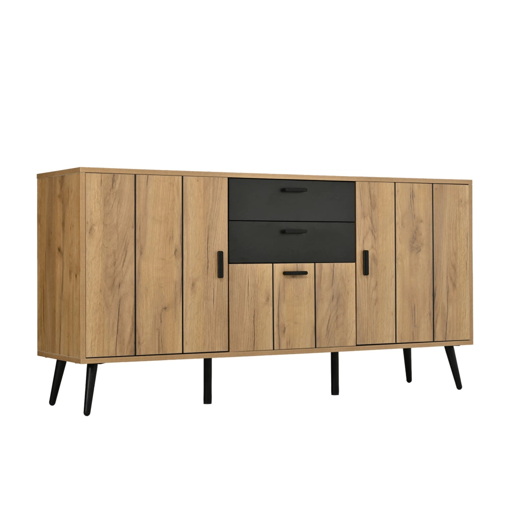 Mobile contenitore in MDF nero e legno con 2 cassetti e 3 ante, 140x35x67 cm