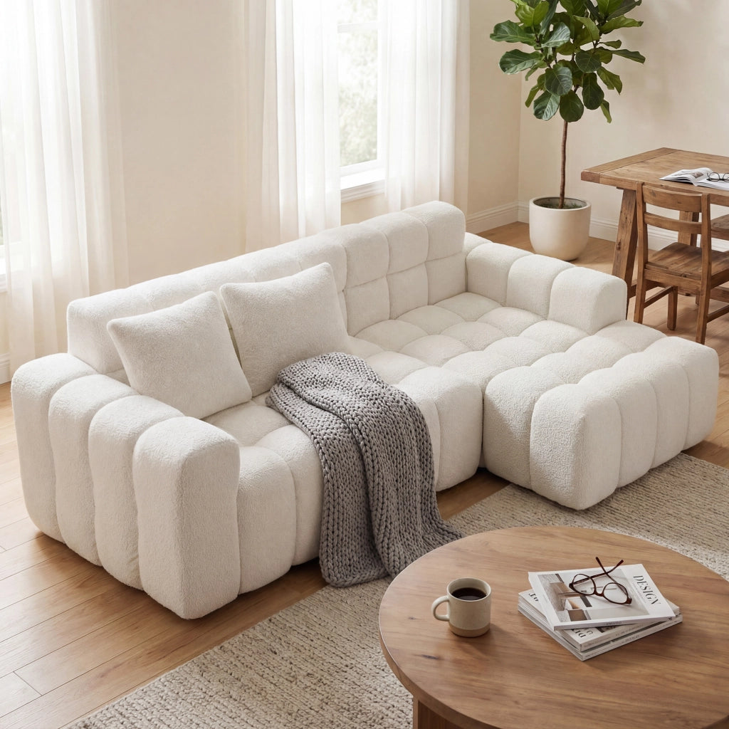Divano angolare modulare a L; chaise longue; seduta confortevole; ciniglia bianca testurizzata; per soggiorno o studio; 249;94x99;06x59;94 cm