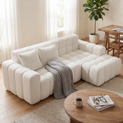 Divano angolare modulare a L; chaise longue; seduta confortevole; ciniglia bianca testurizzata; per soggiorno o studio; 249;94x99;06x59;94 cm