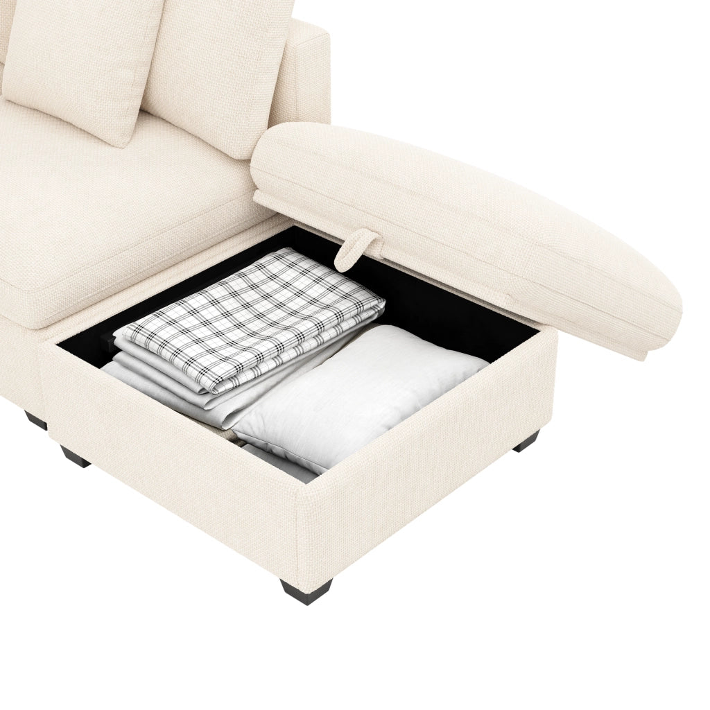 XXL divano angolare regolabile 6 posti; con funzione letto reale; pouf cassettiera; cuscini decorativi 5; ciniglia - beige