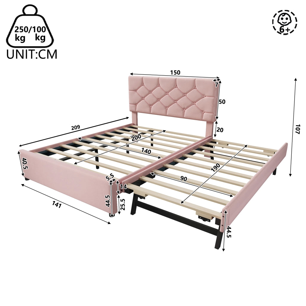 LETTO 140x200 cm in velluto rosa con letto estraibile
