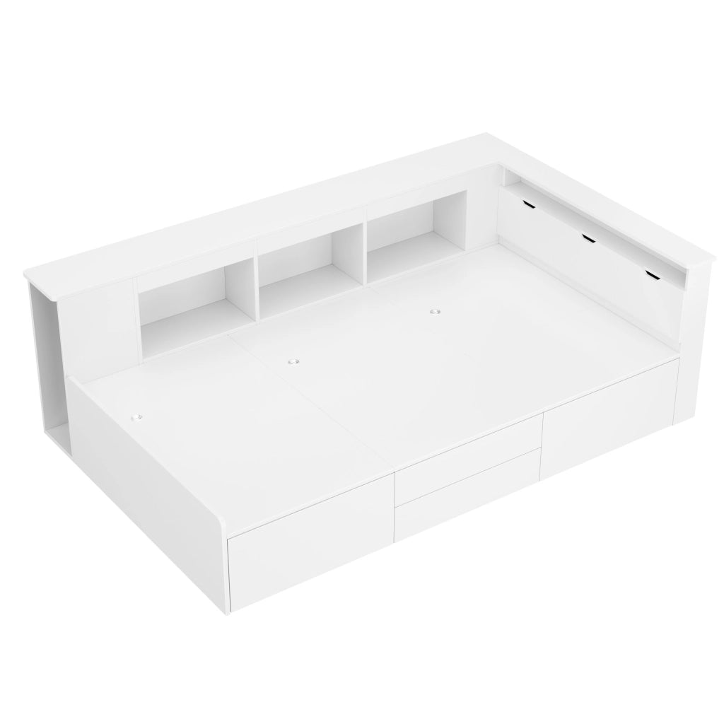 Letto singolo 90x200 cm bianco con 4 cassetti; libreria e vani portaoggetti