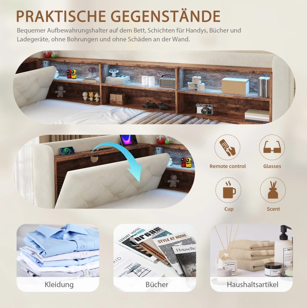 Divano letto estraibile ULEVR 90x190 cm in velluto beige con bracciolo contenitore, LED, USB e Type-C
