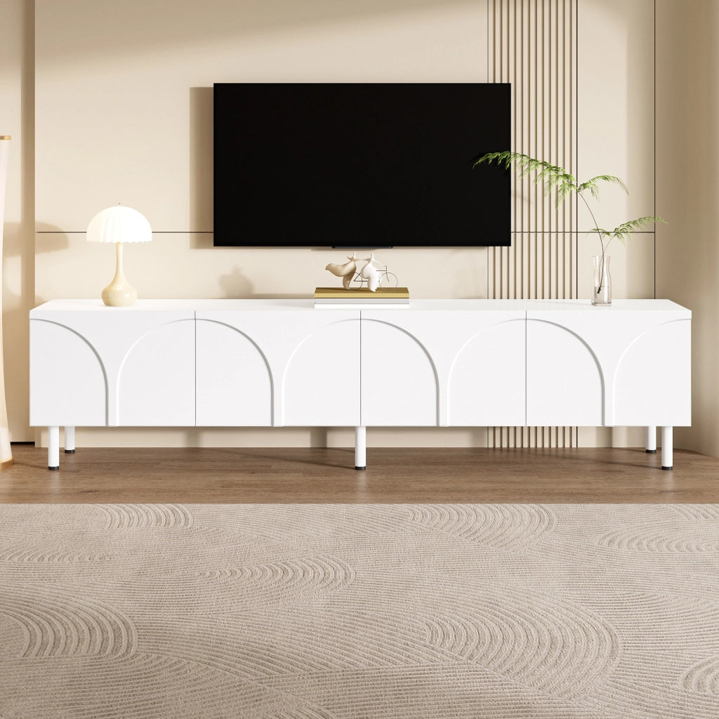 Mobile TV a quattro ante con linee curve tridimensionali in MDF e pannello truciolare bianco 180 × 35 × 49 cm