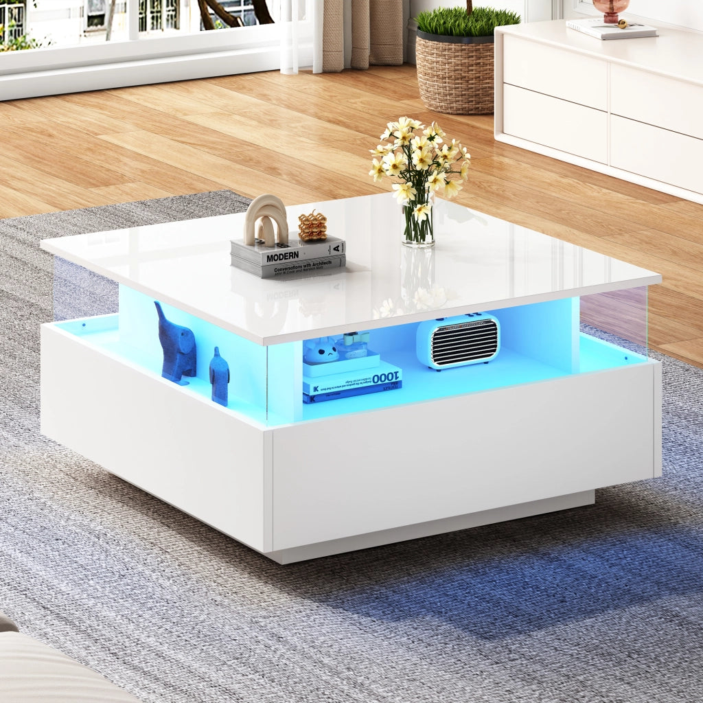 Tavolino da salotto moderno con LED; tavolino da caffe 70x70x41 cm assemblabile bianco lucido