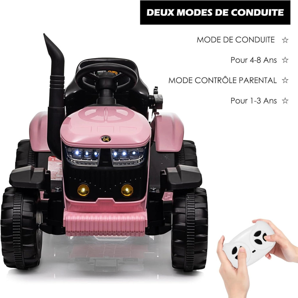 Trattore Elettrico per Bambini 12V con Rimorchio Rimovibile; 2 Motori 35W; Telecomando e LED; da 3 Anni