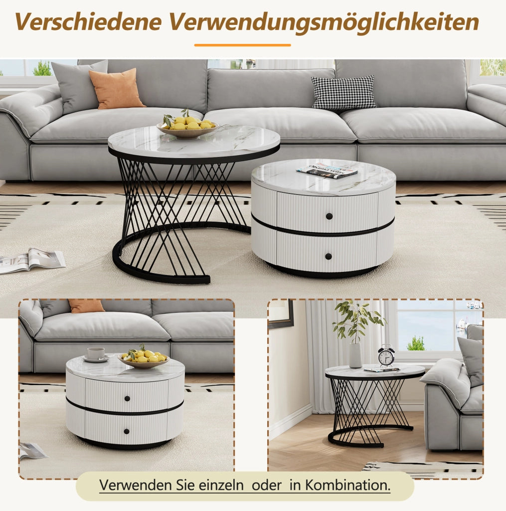 Set di 2 tavolini da caffè rotondi a incastro in MDF; bianco; 2 cassetti; 60×60×46 e 50×50×31 cm
