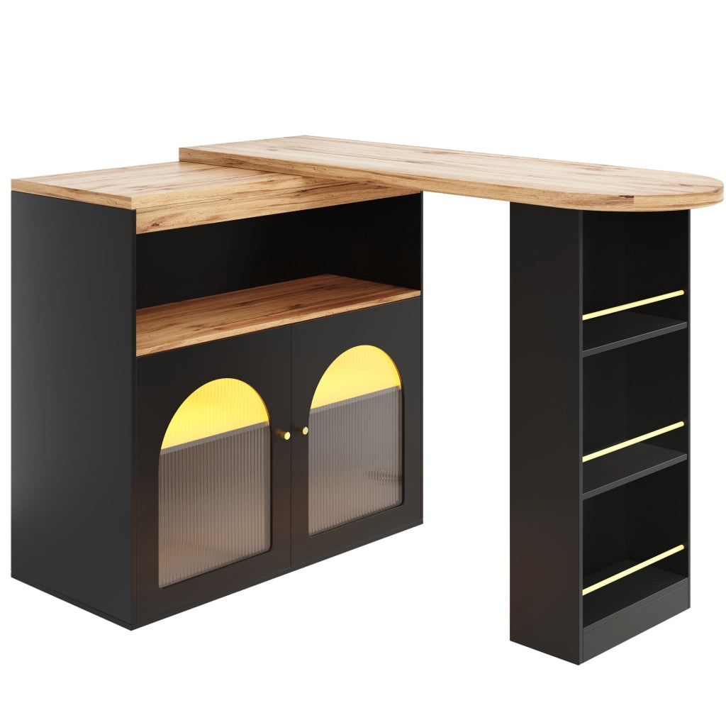 Tavolo bar girevole ed estensibile 138-193x39x105 cm con LED e ripiani; nero