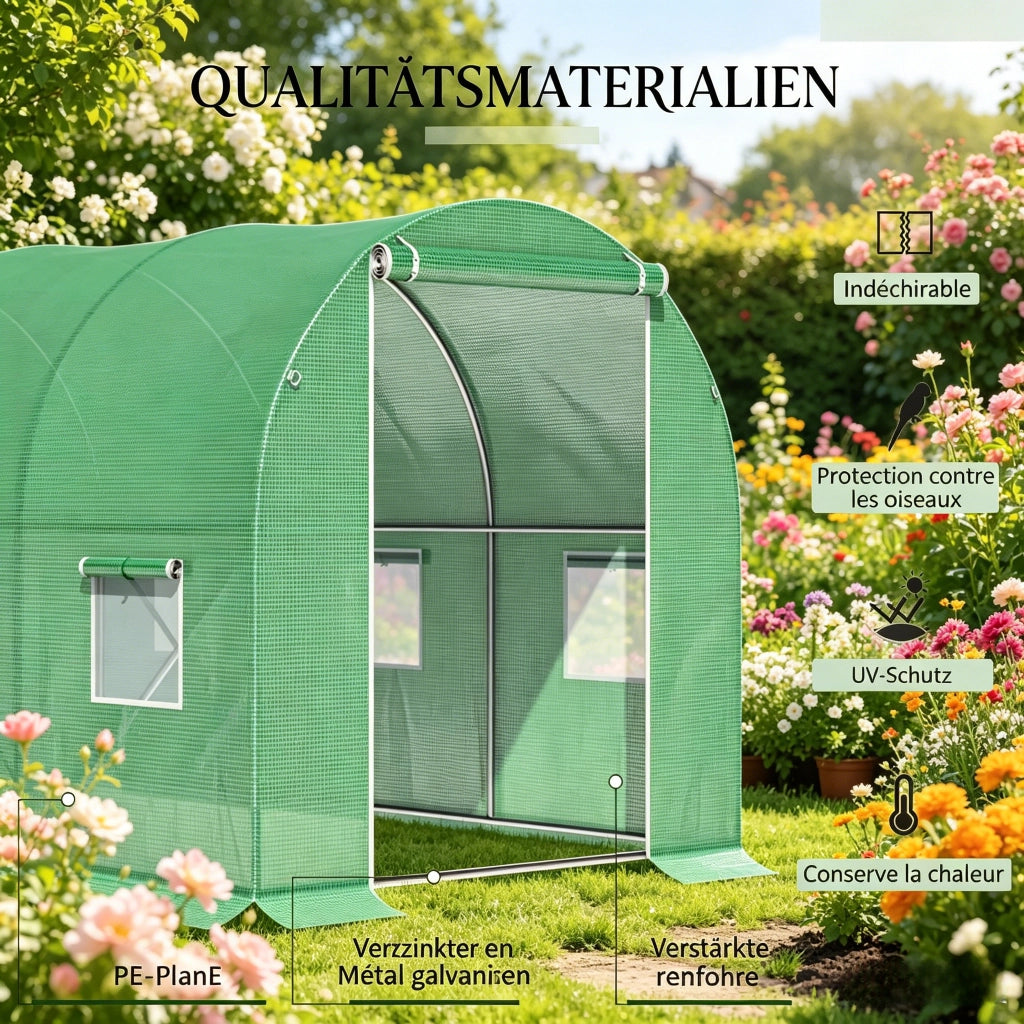 Serra da giardino a tunnel con telo in polietilene 140 g/m²; porta con zip e 6 finestre verde 2.98 × 1.96 × 1.98 m