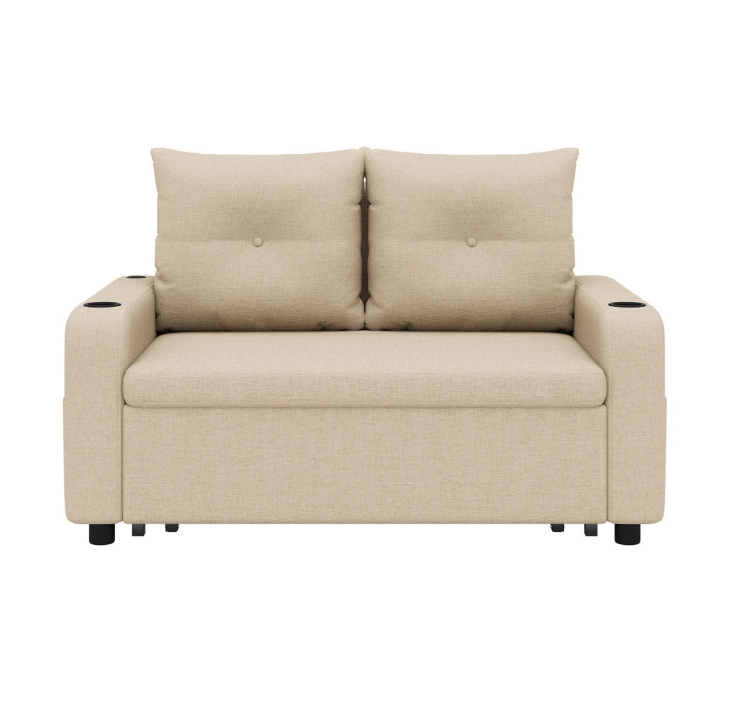 Divano Letto 3-in-1 Beige in Tessuto Effetto Lino con Porta Bicchieri e USB, 131x81x94 cm