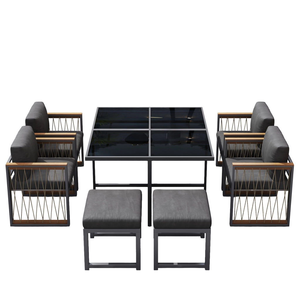 Set da pranzo da esterno 7 pezzi per 6 persone con tavolo quadrato in vetro temprato e sedie con braccioli in legno-plastica