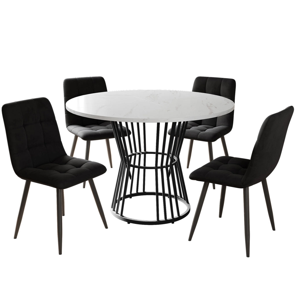 Set tavolo da pranzo rotondo 100 cm, piano MDF bianco e gambe metallo nero, con 4 sedie in velluto nero, 5 pezzi