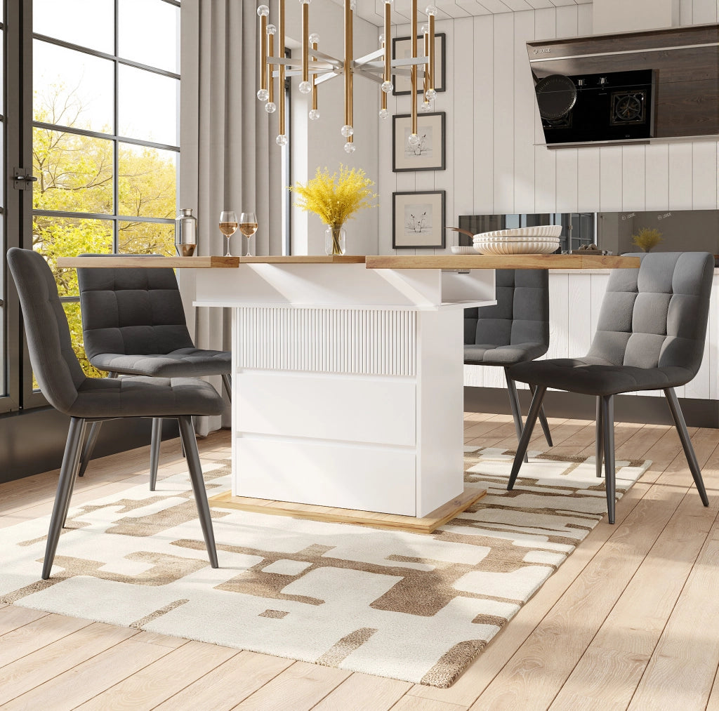 Tavolo da pranzo estensibile 110-140x80 cm in MDF bianco e naturale, 4-6 posti