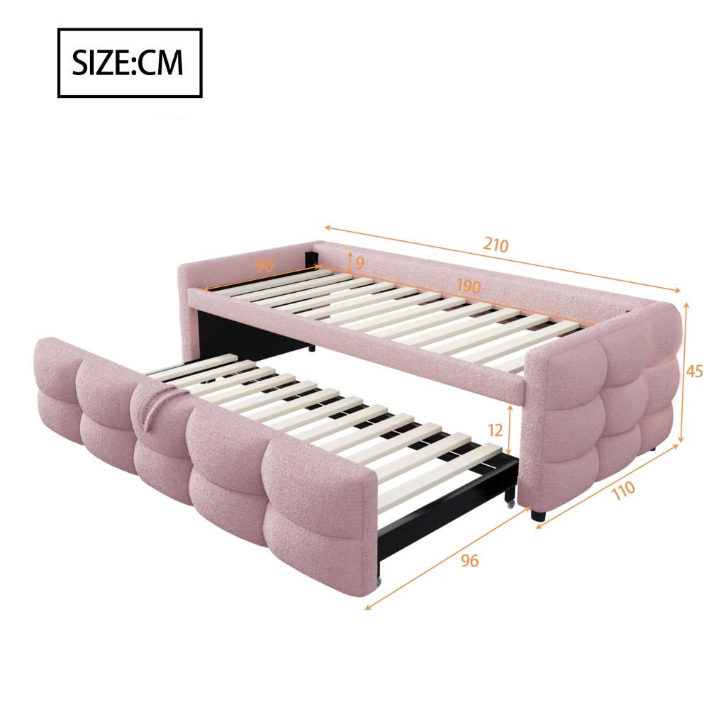 Letto imbottito estraibile singolo e matrimoniale 90/180×190 cm con rete; senza materasso; teddy; rosa