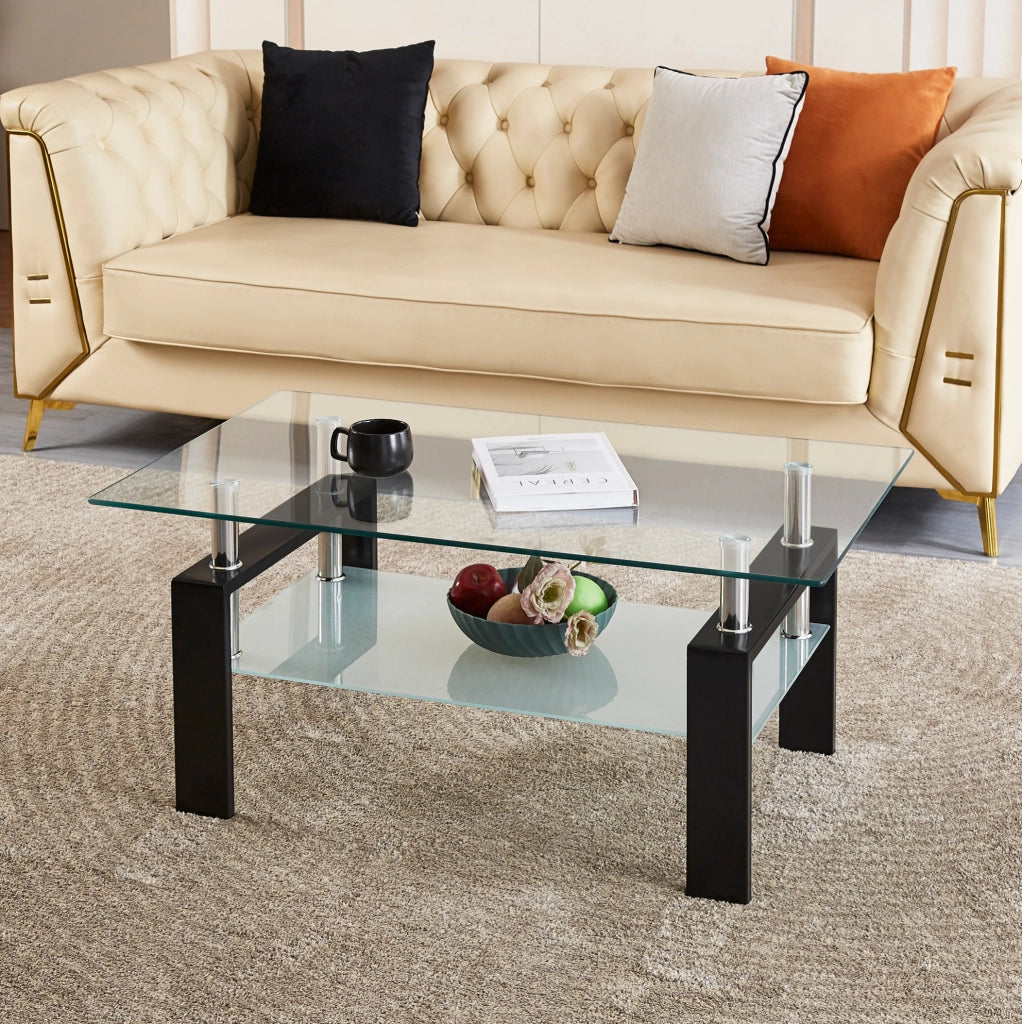 Tavolino 100x60x44 cm in vetro temperato trasparente e metallo, doppio ripiano