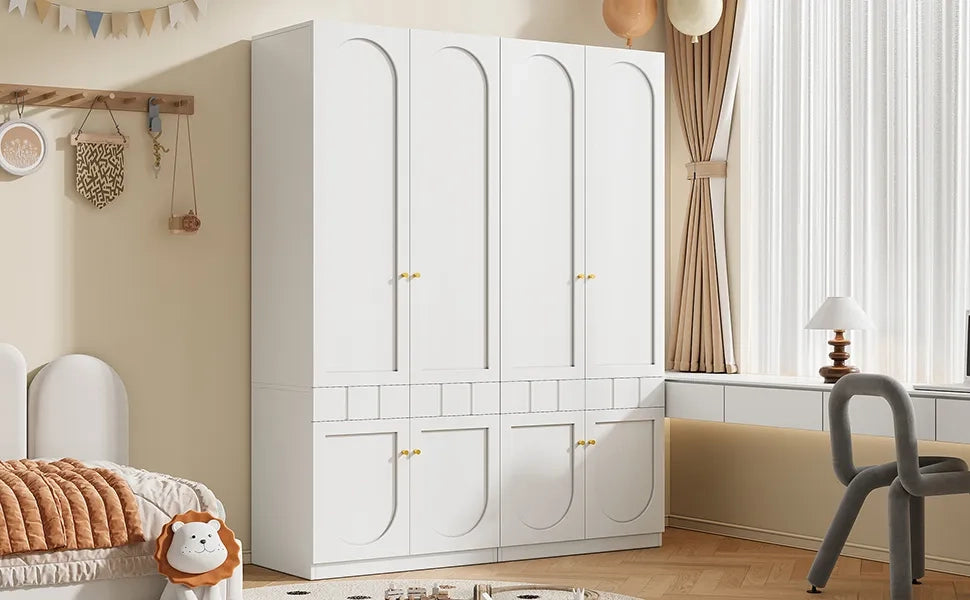 Set 2 Armadi Bianchi Laccati 160x50x200 cm, con Asta Appendiabiti, Cassetti e Maniglie in Metallo