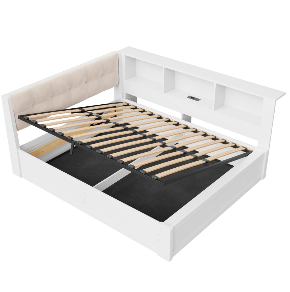 Letto daybed 140x200 cm con contenitore idraulico; LED dimmerabile e porta USB bianco HOMVRA