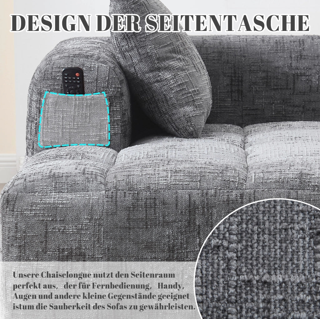 Divano chaise longue in ciniglia grigio con tasche laterali e cuscino