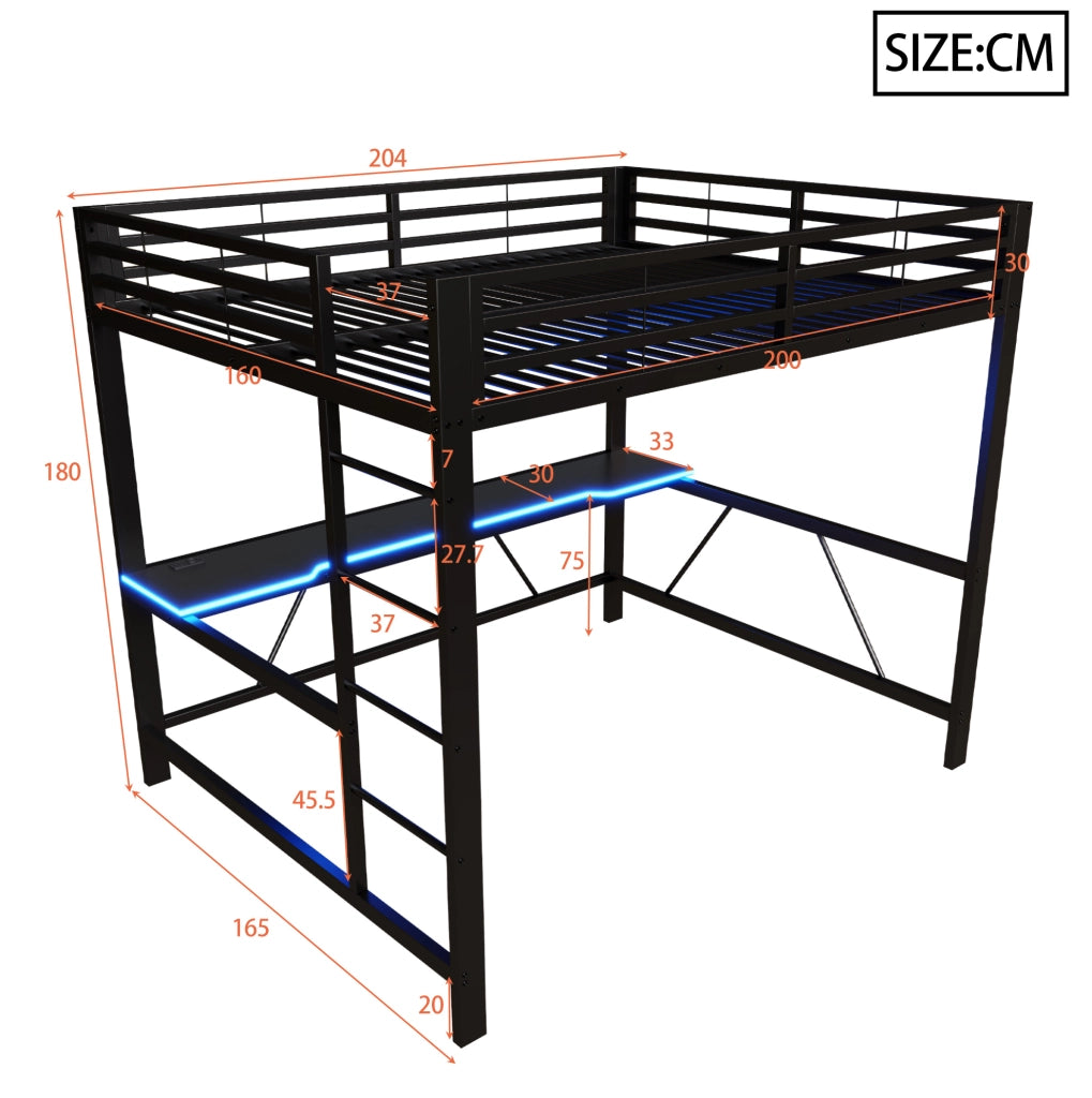 Letto a soppalco 160x200 cm con scrivania e LED in metallo e MDF nero