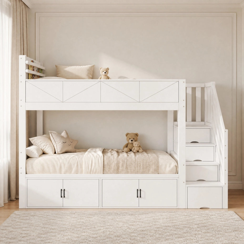Letto a castello bianco 90x200 cm con scala contenitore