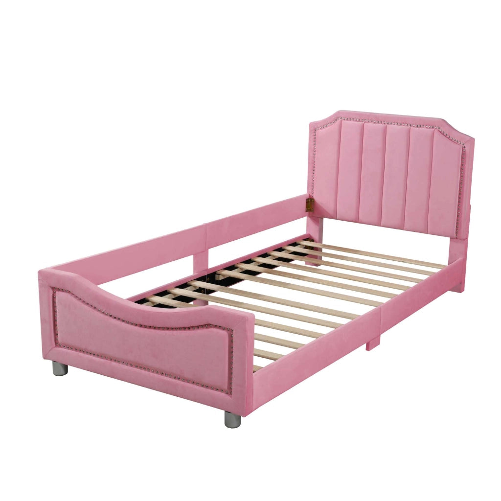 Letto singolo imbottito 90x200 cm rosa con schienale e braccioli, senza materasso