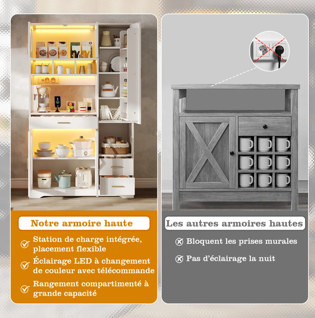 Credenza alta 105x40x185 cm con vetrina; LED multicolore e prese USB in MDF bianca