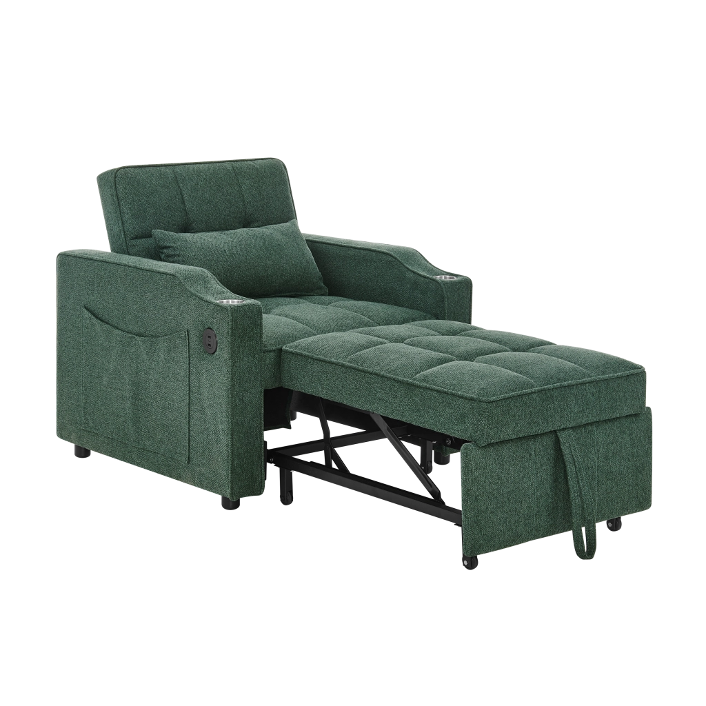 Poltrona letto 3 in 1 verde con USB; USB-C; portabevande e schienale regolabile