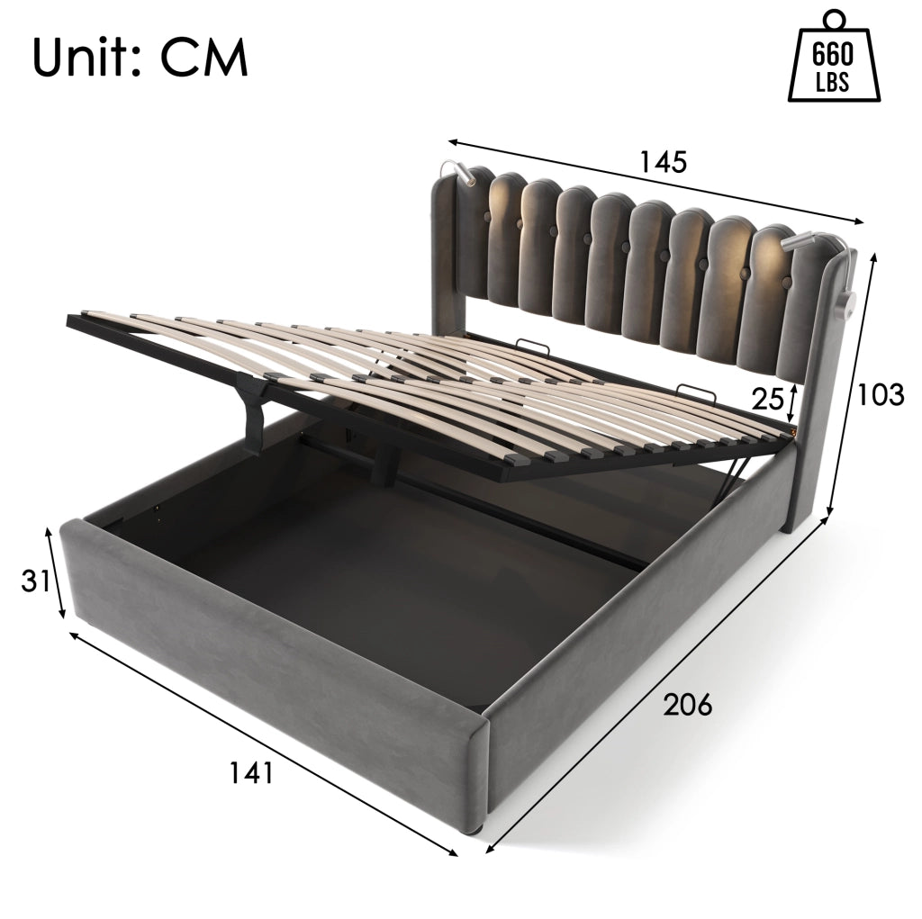 Letto imbottito 140x200 cm con LED da lettura, USB e contenitore