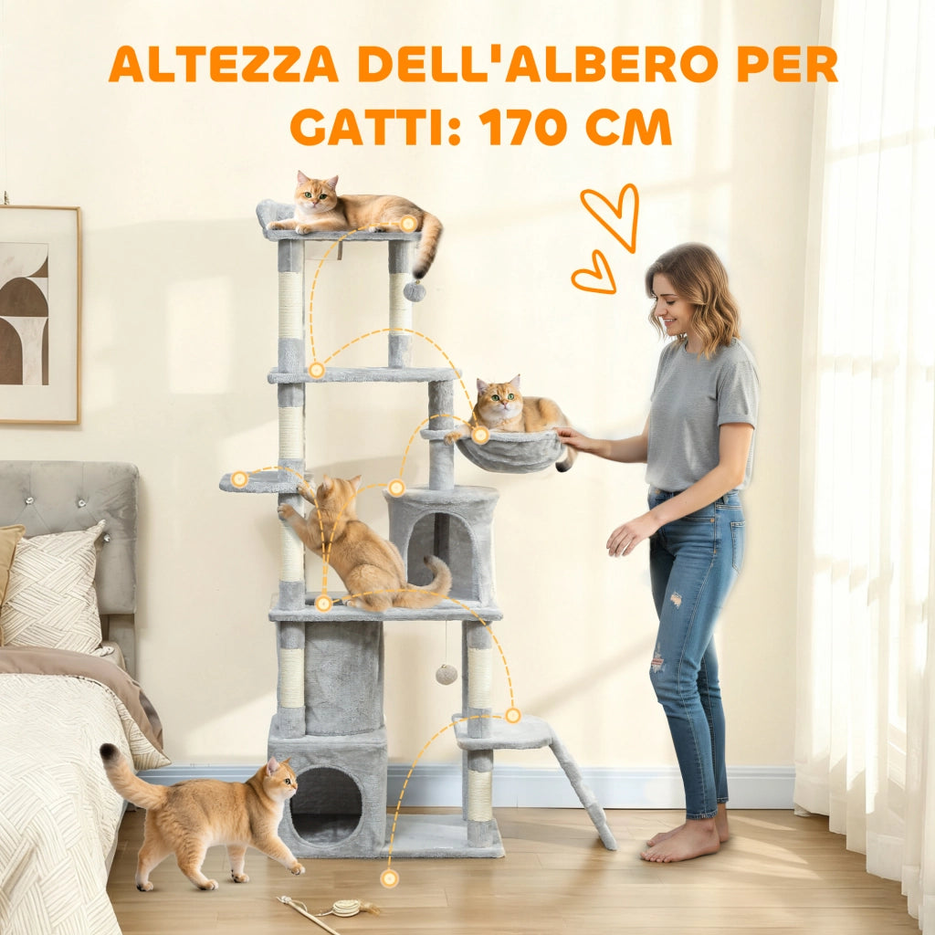 Tiragraffi per Gatti con 2 Casette e Amaca ¨C Xylo ¨C Grigio 60x40x170 cm