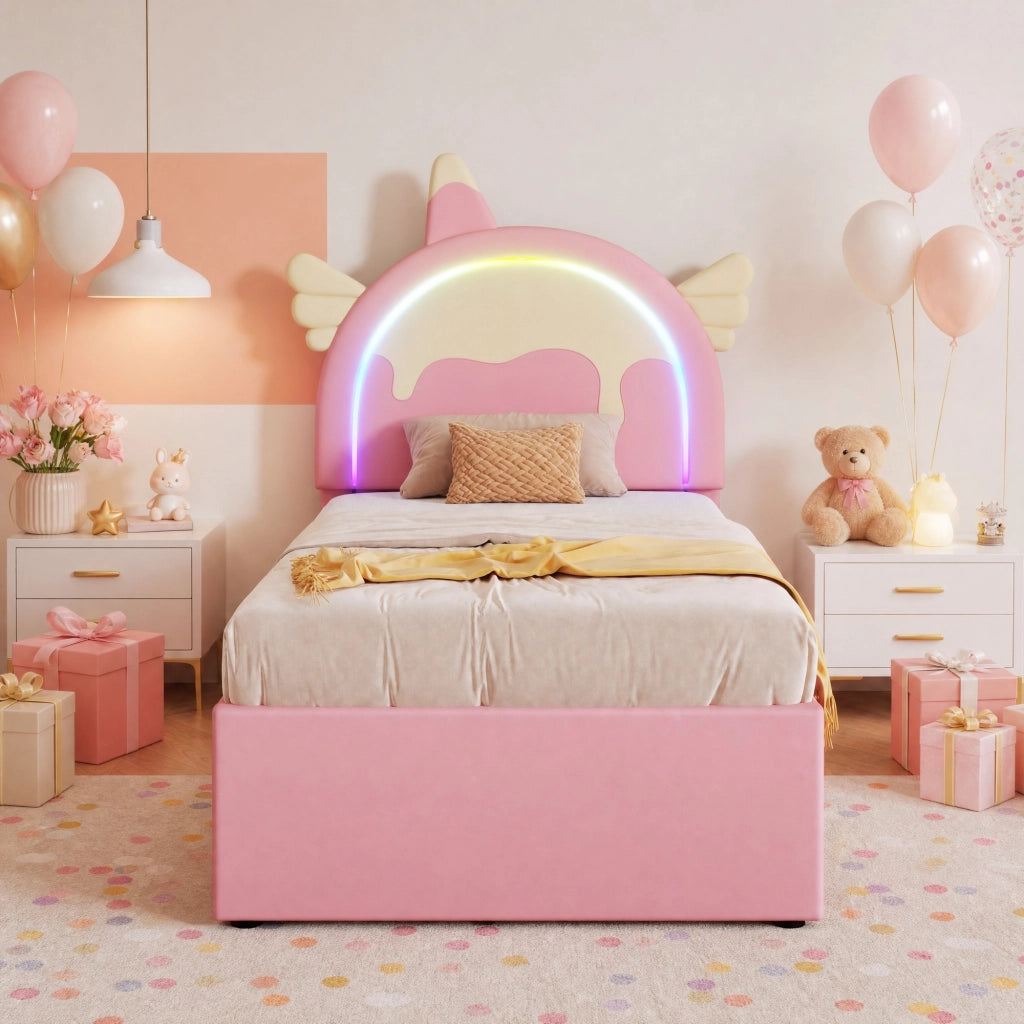 Letto per bambini 90x200 cm a forma di unicorno con letto estraibile in PU rosa