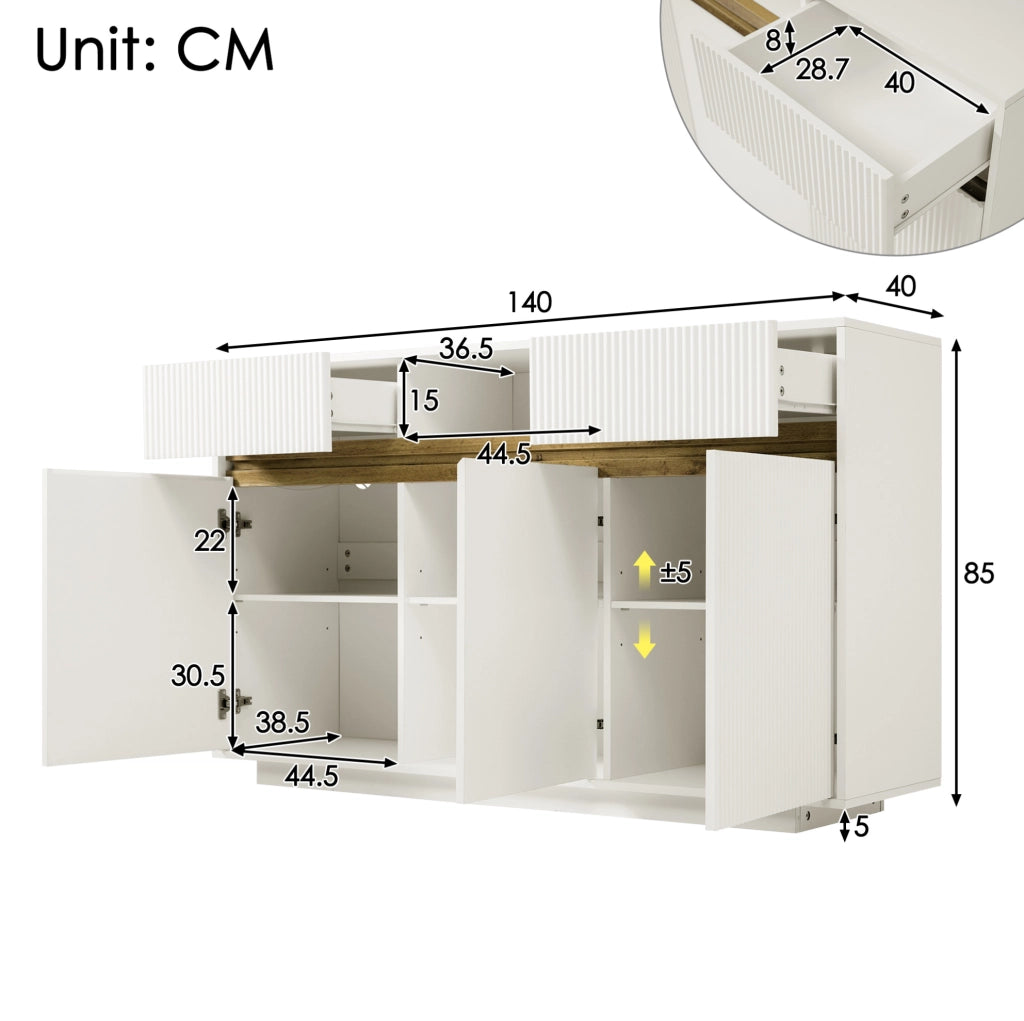 Sideboard LED bianco 140x40x85 cm con 2 cassetti e ripiani regolabili