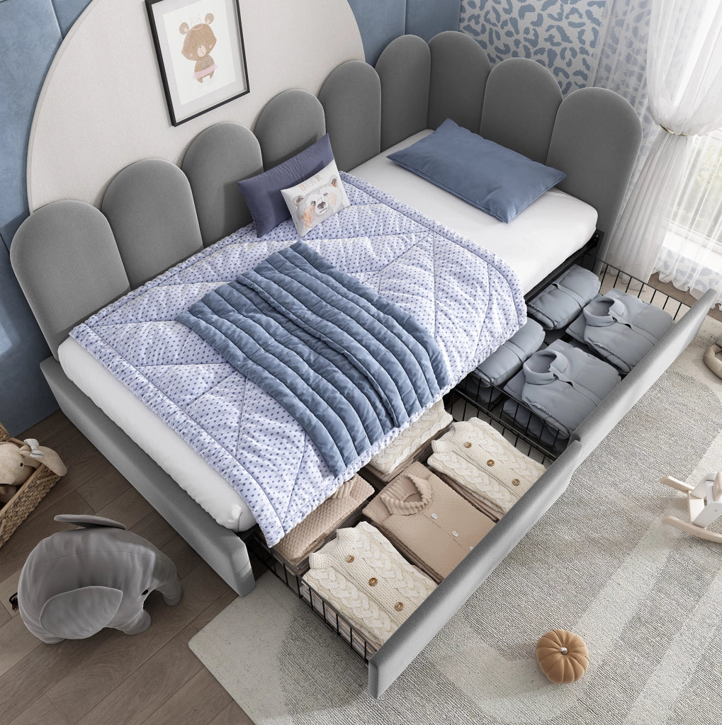 Letto imbottito con 2 cassetti, struttura L e rivestimento in velluto grigio 90x190 cm