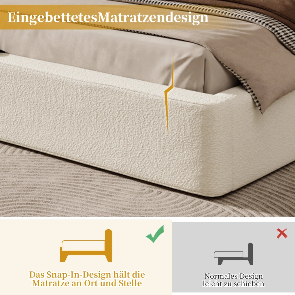 Letto imbottito con rete a doghe testiera imbottita in boucl¨¦ beige struttura con angoli arrotondati