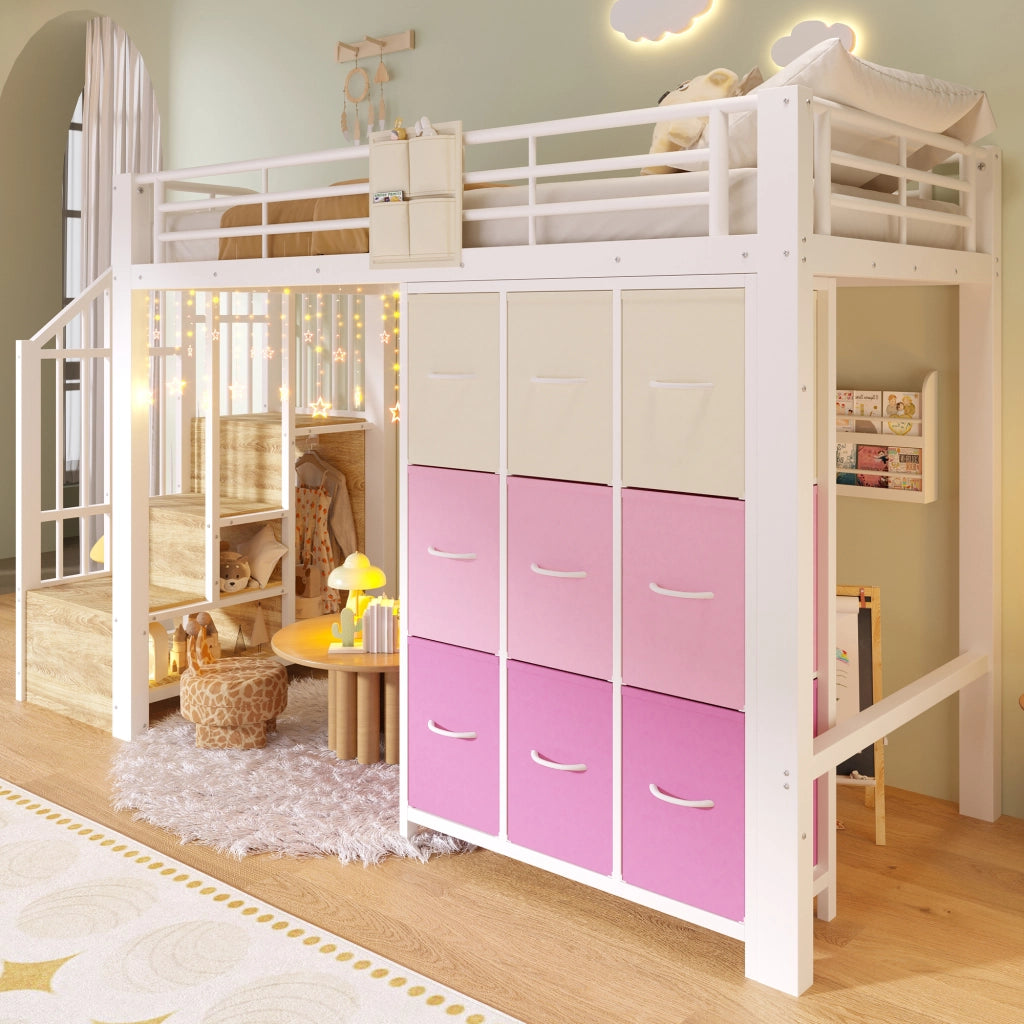 Letto a soppalco 90 × 200 cm in metallo e MDF bianco con scala contenitore cassetti appendiabiti e ringhiera