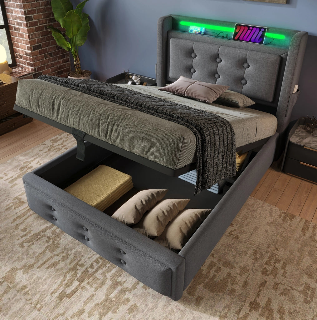 Letto singolo imbottito 90x200 cm con testiera in pelle, funzione di ricarica USB-C, struttura in legno e metallo, portata 150 kg, grigio