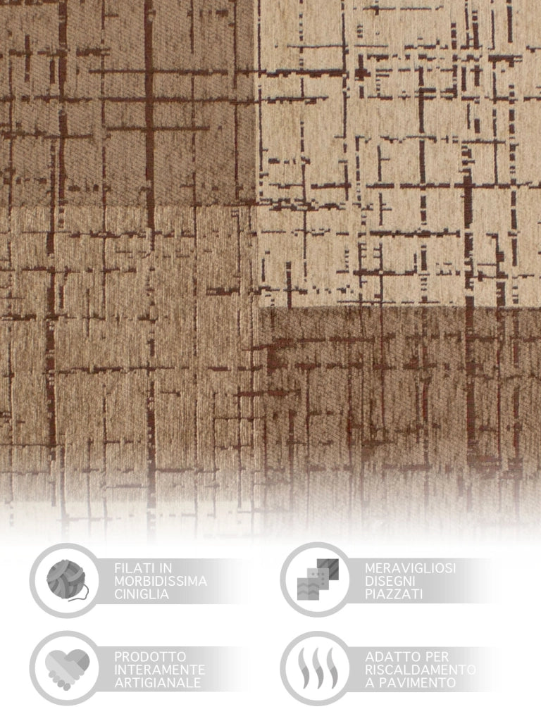 Tappeto Arredo Moderno Morbido in Ciniglia Ingresso Antiscivolo Prodotto Italiano  Soggiorno Camera Salotto Disegni Piazzati Cotone Varie Misure Grande Mondrian/Fango - 65x300 cm