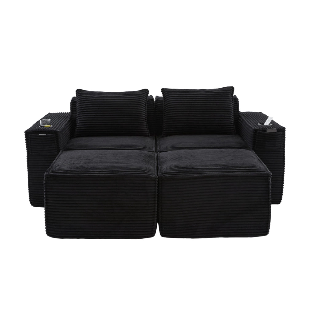 Divano a 2 posti modulare in corduroy con 2 pouf, portabicchieri e tasche laterali, imbottitura con molle e schiuma ad alta densità, 188x162x75 cm