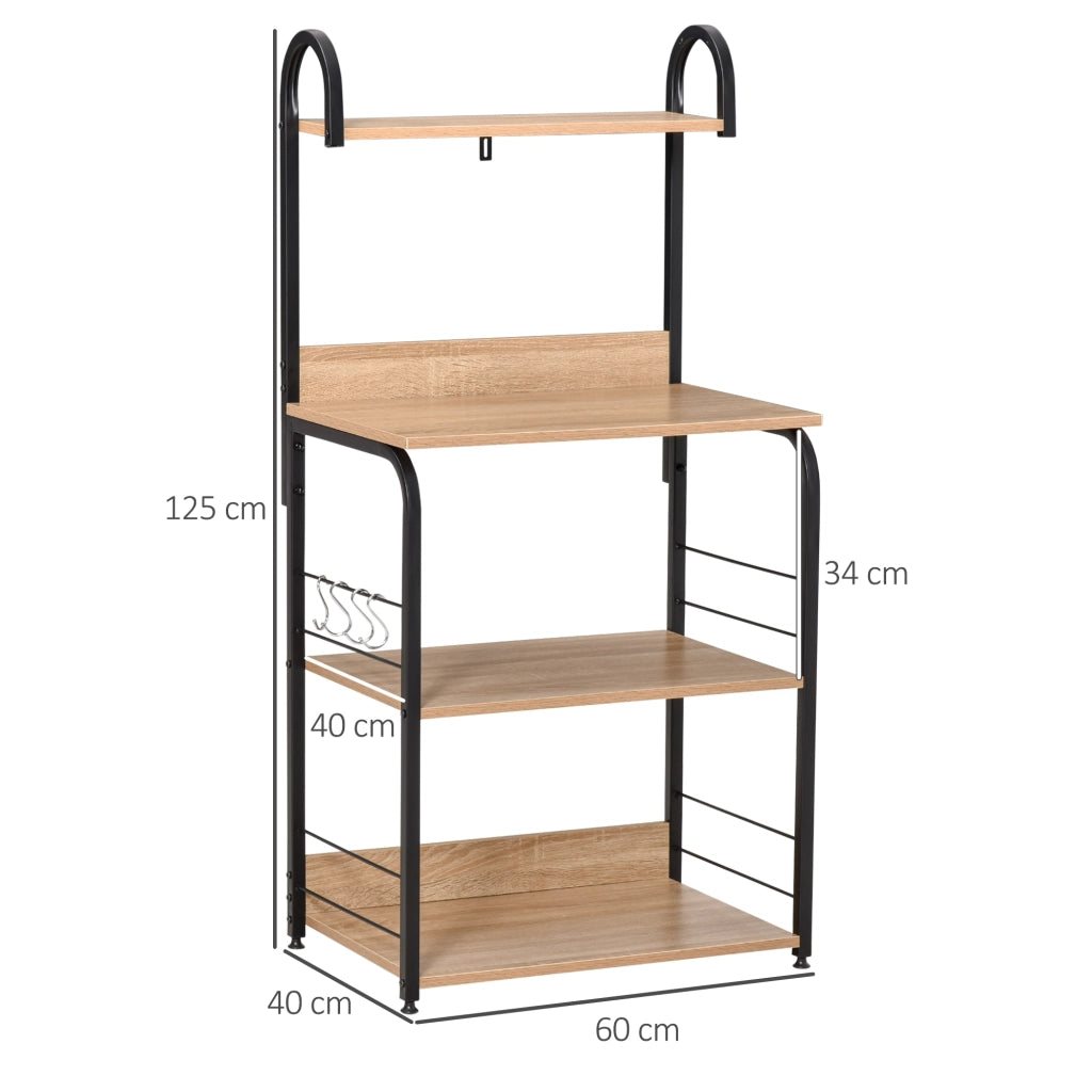 Mobiletto Microonde da Cucina 60x40x125 cm con 4 Ripiani e 4 Ganci in Acciaio e Legno Color Legno