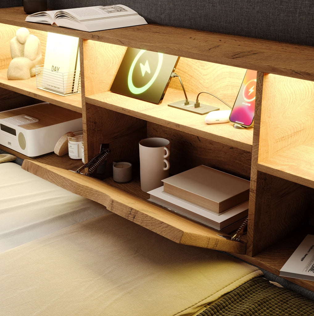 Letto singolo imbottito 90x200 cm con LED; vano contenitore idraulico; USB; lino grigio