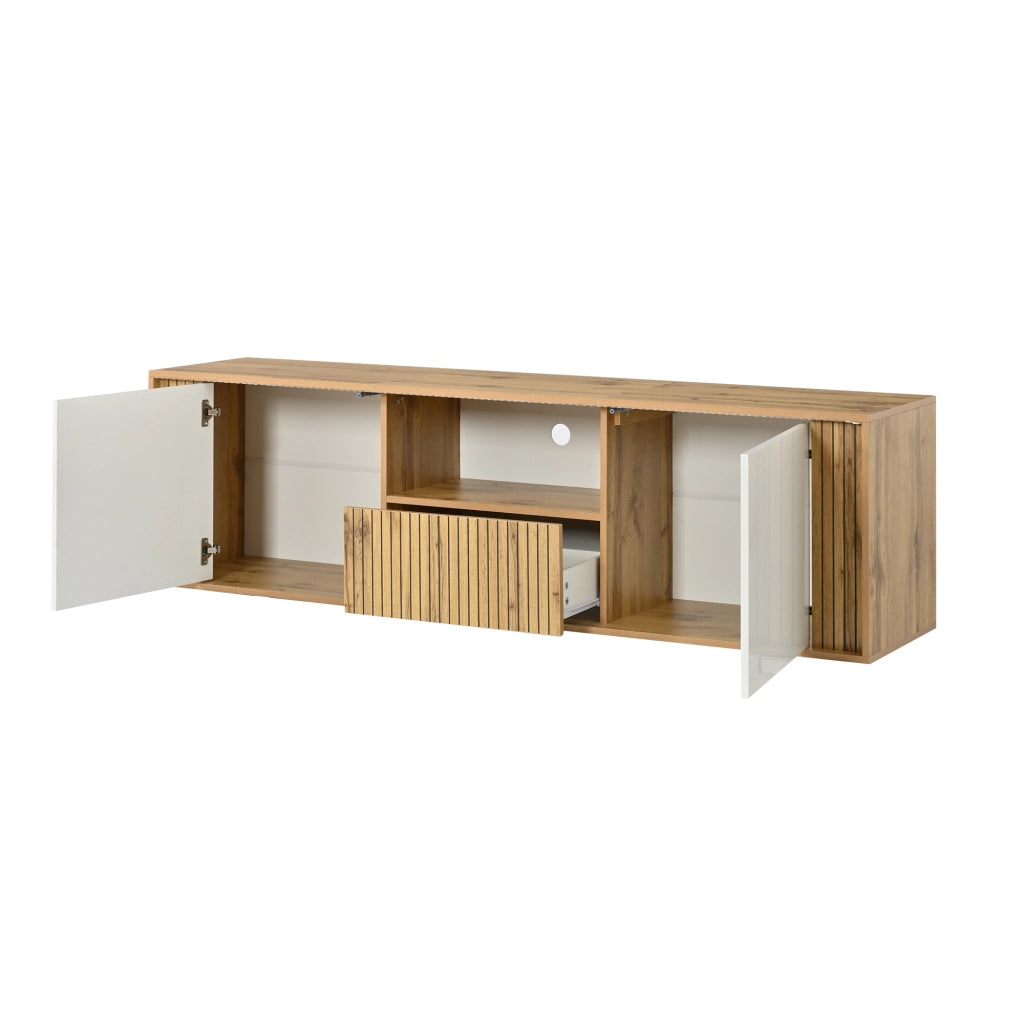 Mobile Porta TV 180 cm per 75 Pollici con Luci LED; Bianco e Legno; 1 Cassetto e 2 Ante